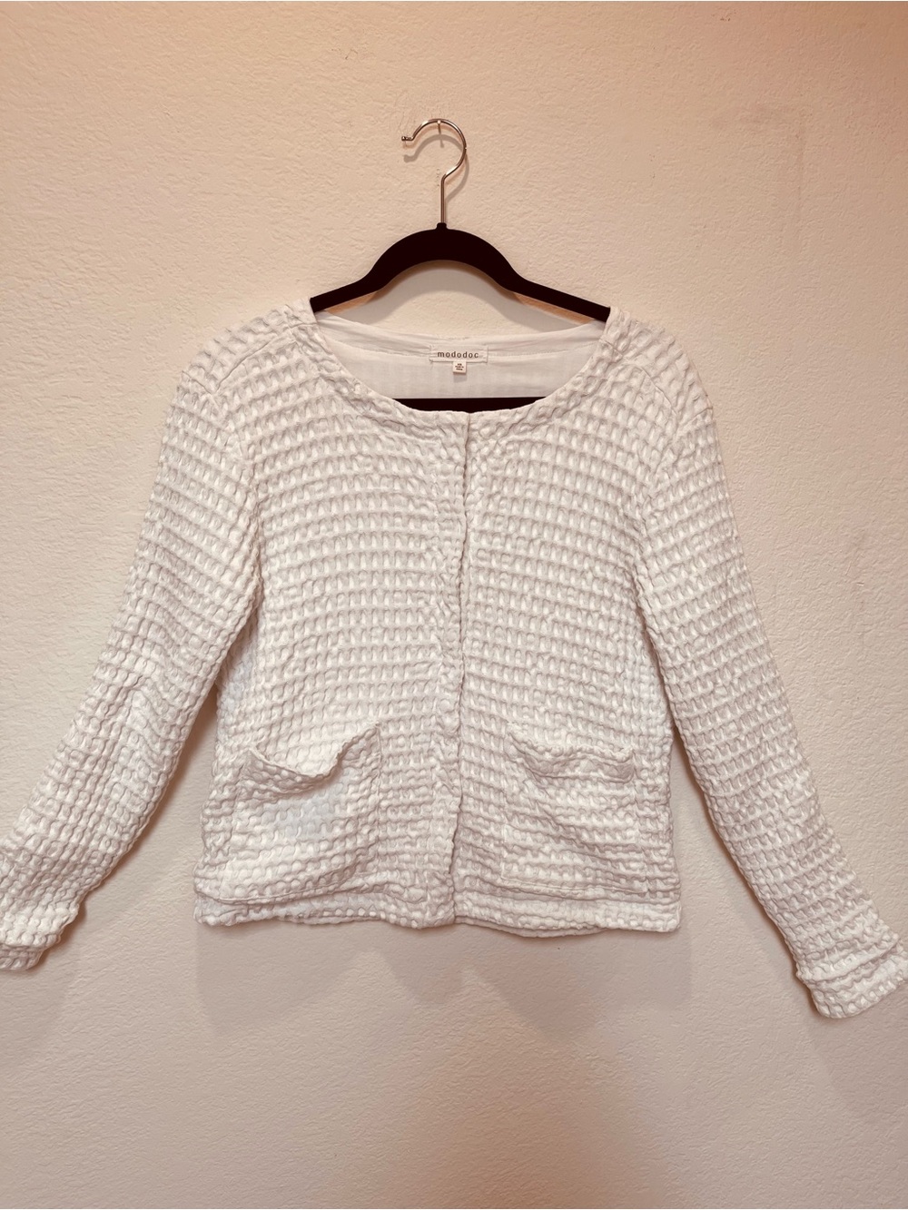Mododoc Ivory 100% Cotton  Waffle Textured Crewneck Cardigan
